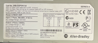 ALLEN BRADLEY 25B-D2P3N114 AC DRIVE FRN 1.003 OUTPUT 0-460VAC SER A