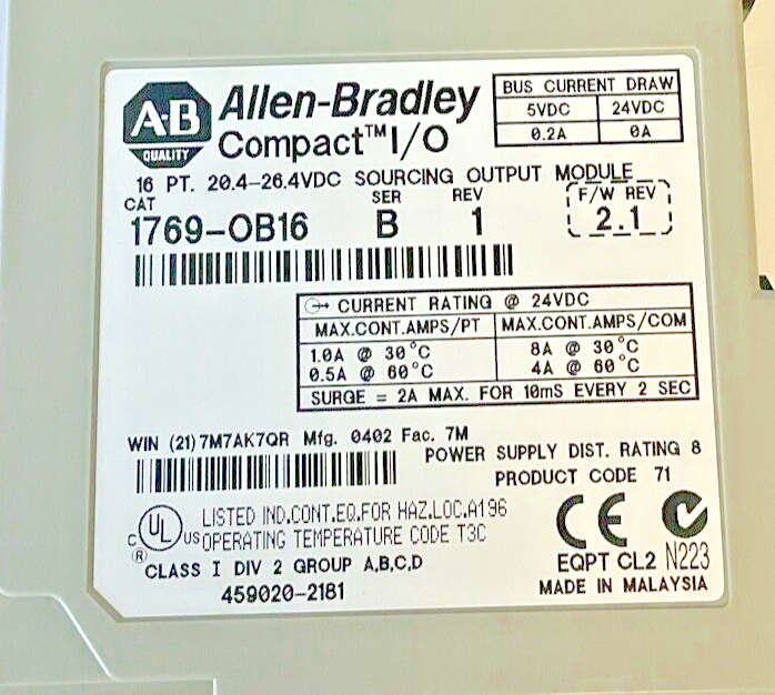 ALLEN BRADLEY 1769-OB16 OUTPUT MODULE SER.B REV.1 FWREV 2.1 ***NO DOOR***