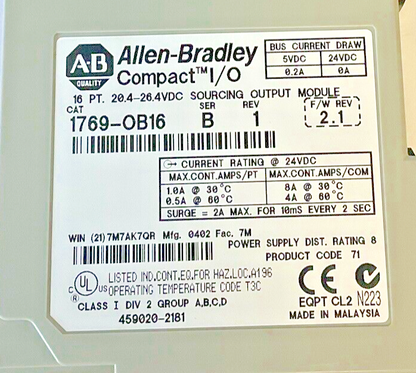 ALLEN BRADLEY 1769-OB16 OUTPUT MODULE SER.B REV.1 FWREV 2.1 ***NO DOOR***