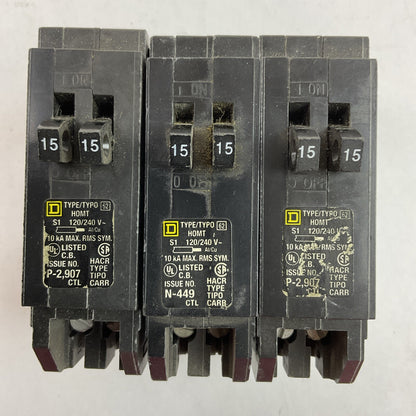 SQUARE D HOMT1515 MINITURE CIRCUIT BREAKER 15/15AMP 120/240VAC (LOT OF 3)