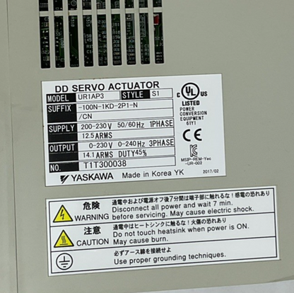 YASKAWA UR1AP3-100N-1KD-2P1-N/CN  DD SERVO ACTUATOR 230V 240HZ