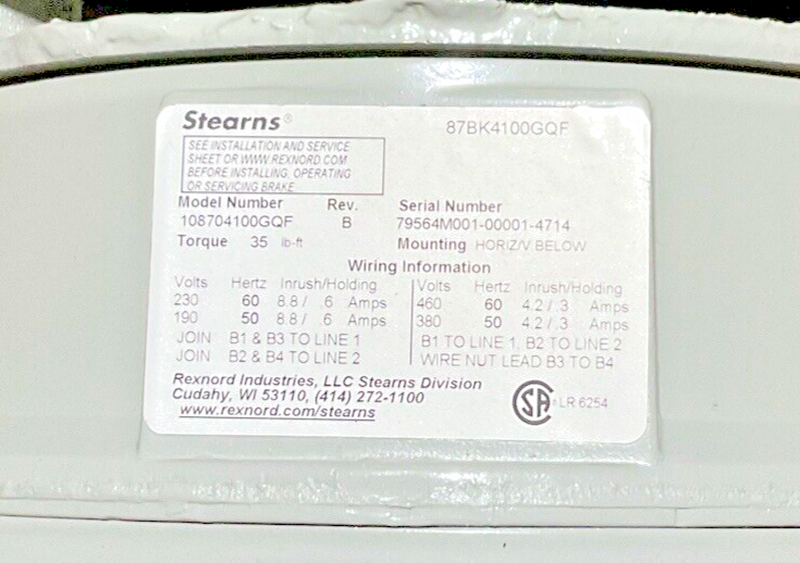 BALDOR 7.5HP 1760RPM 9.2A MOTOR W/ STEARN 108704100GLF BRAKE REV.B 35LB-FT