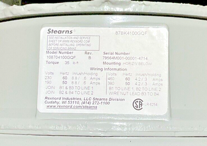 BALDOR 7.5HP 1760RPM 9.2A MOTOR W/ STEARN 108704100GLF BRAKE REV.B 35LB-FT
