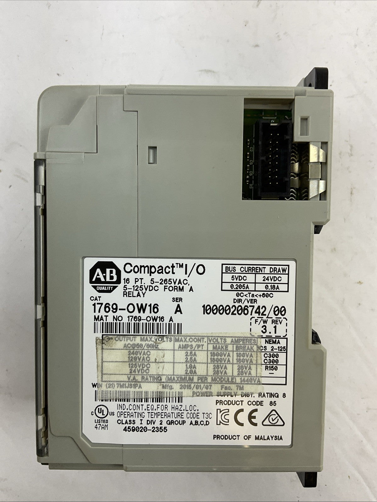 ALLEN BRADLEY 1769-OW16 SER A F/W REV 3.1 DIR/VER 10000206742/00 16PT 5-265VAC