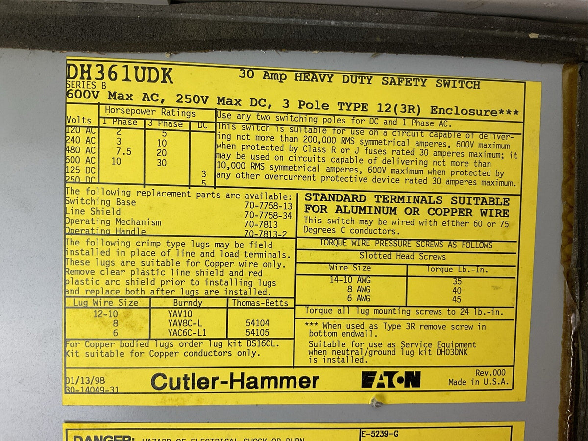 CUTLER HAMMER DH361UDK SAFETY SWITCH 600VAC 30HP 250VDC 5HP 30A 3P TYPE 12(3R)