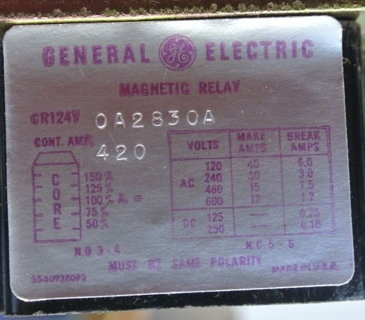 GENERAL ELECTRIC CR124Y0A2830A MAGNETIC OVERLOAD RELAY / 420A / NEW SURPLUS