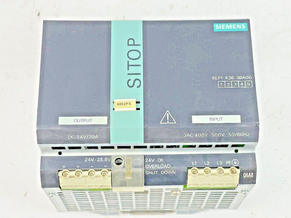 SIEMENS - 6EP1436-3BA00 - SITOP POWER SUPPLY - DC 24V/ 20A - 3AC 400V-500V