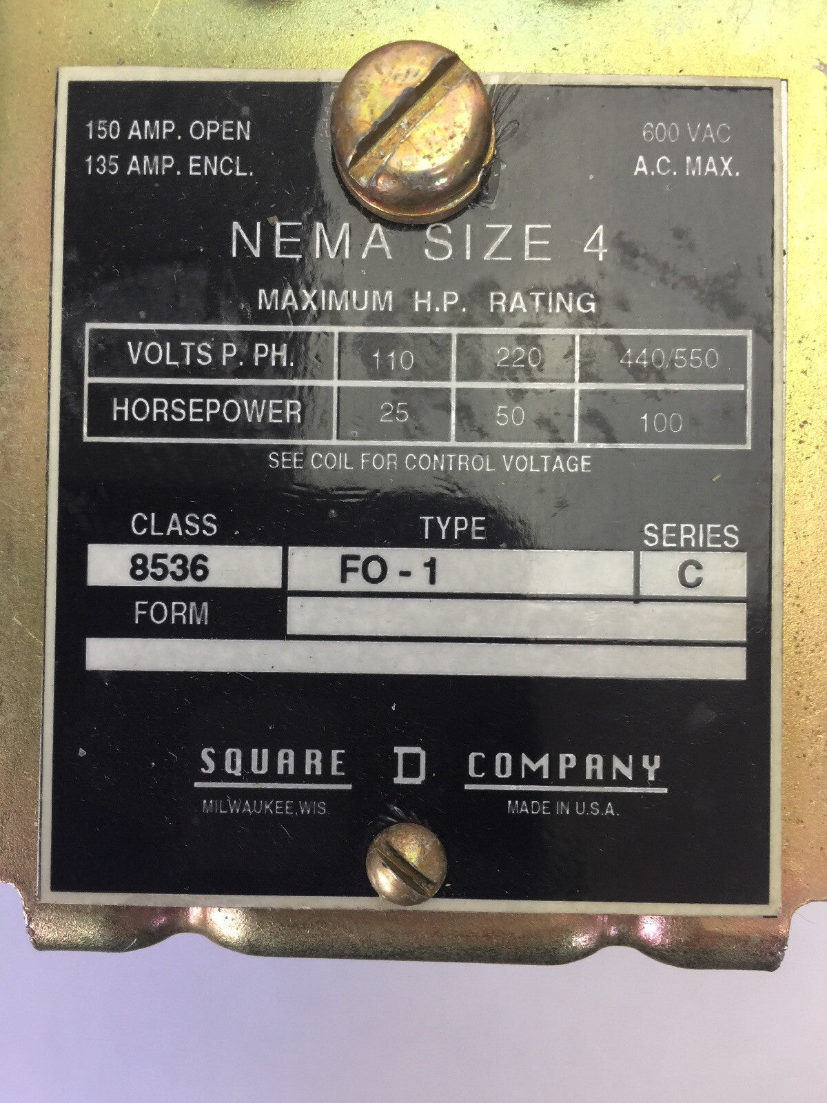 SQUARE D 8536 FO-1 AC MAGNETIC STARTER SIZE 4 600VAC 150AMPS 100HP SERIES C