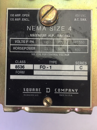 SQUARE D 8536 FO-1 AC MAGNETIC STARTER SIZE 4 600VAC 150AMPS 100HP SERIES C