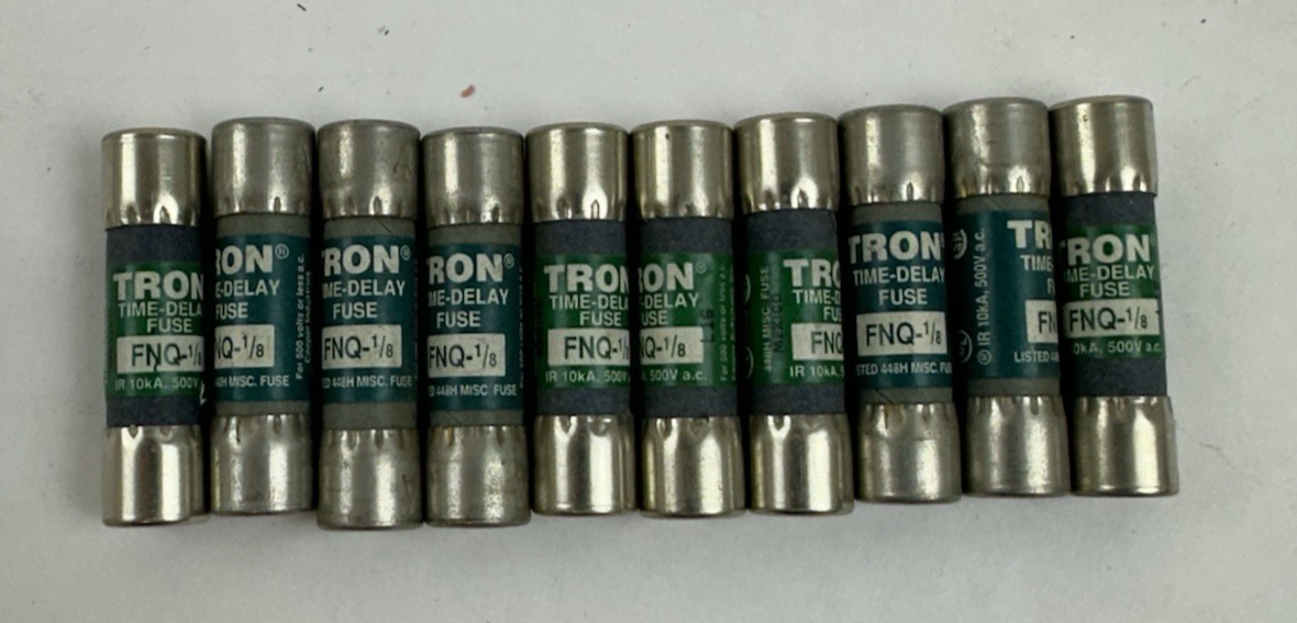 BUSSMANN TRON FNQ-1/8 1/8 AMP 500VAC TIME-DELAY FUSES – LOT OF 10