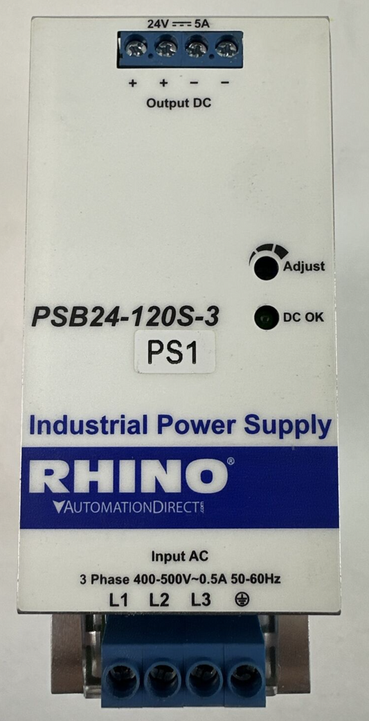 RHINO PSB24-120S-3 INDUSTRIAL POWER SUPPLY OUTPUT 24VDC 5A INPUT 400-500VAC 0.5A