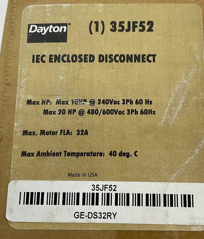 DAYTON 35JF52 IEC ENCLOSED DISCONNECT 20HP 600VAC 3PH 60HZ 32A