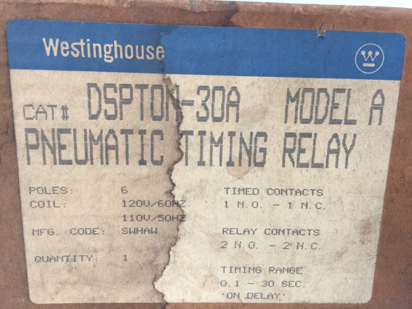 WESTINGHOUSE DSPTON-30A MODEL A PNEUMATIC TIMING RELAY 6P 0.1-30 SEC COIL 120V