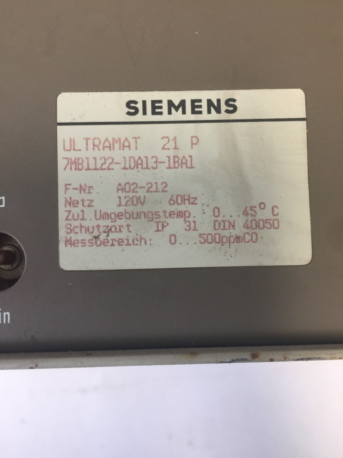 SIEMENS 7MB1122-1DA13-1BA1 ULTRAMAT 21P CO GAS ANALYZER