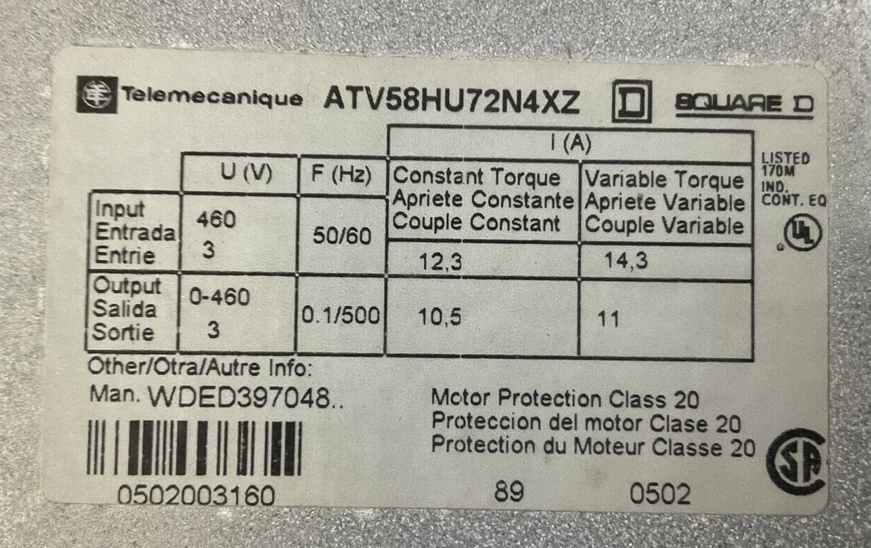 TELEMECANIQUE ATV58HU72N4XZ AC DRIVE 460V V5.3