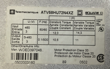 TELEMECANIQUE ATV58HU72N4XZ AC DRIVE 460V V5.3