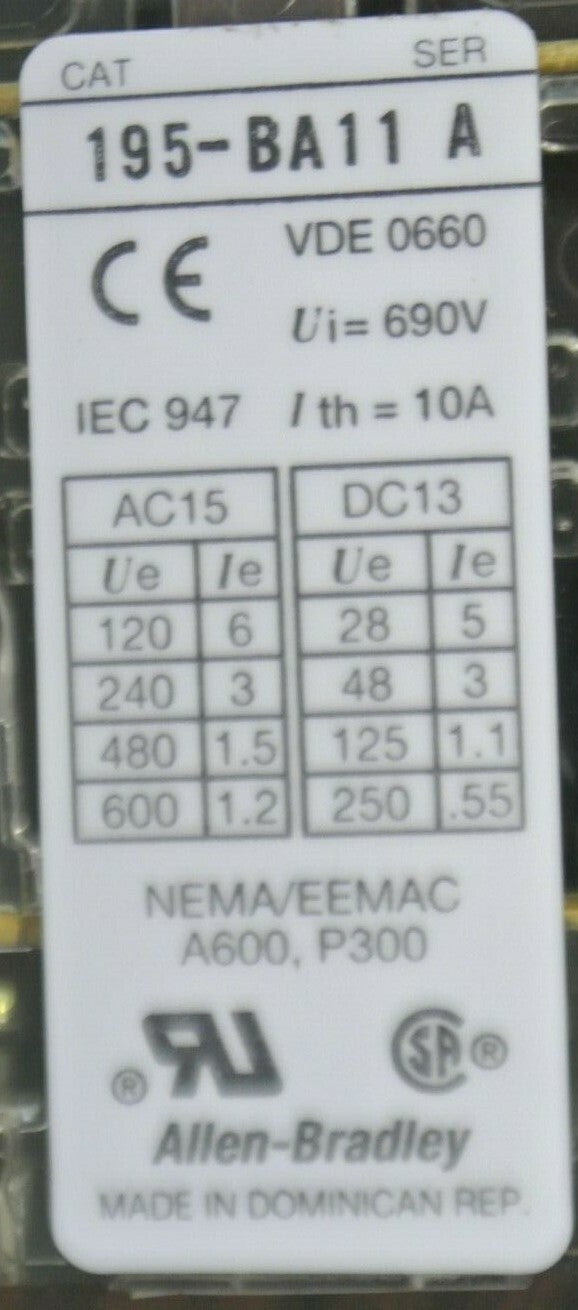LOT of 3 / ALLEN-BRADLEY 195-BA11 AUXILIARY SWITCH / AUX. CONTACT / NEW SURPLUS