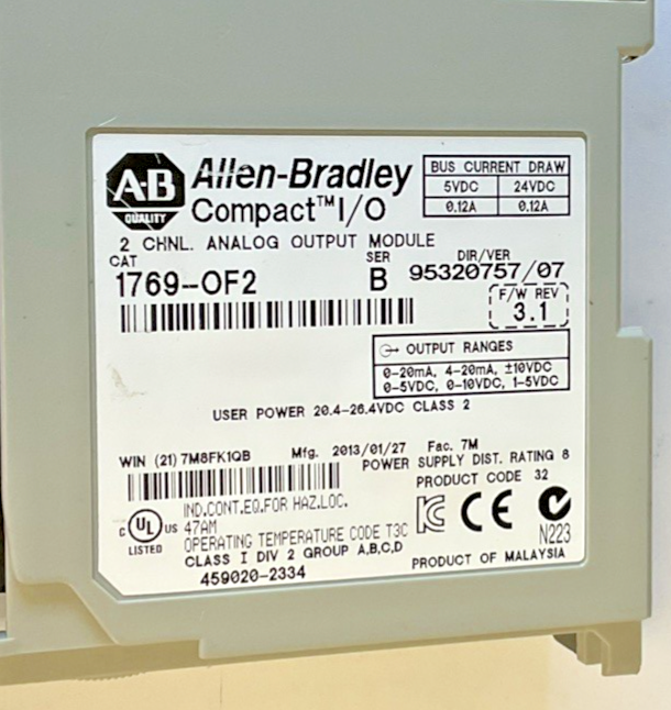 ALLEN BRADLEY 1769-OF2 OUTPUT MODULE SER.B F/W REV:3.1