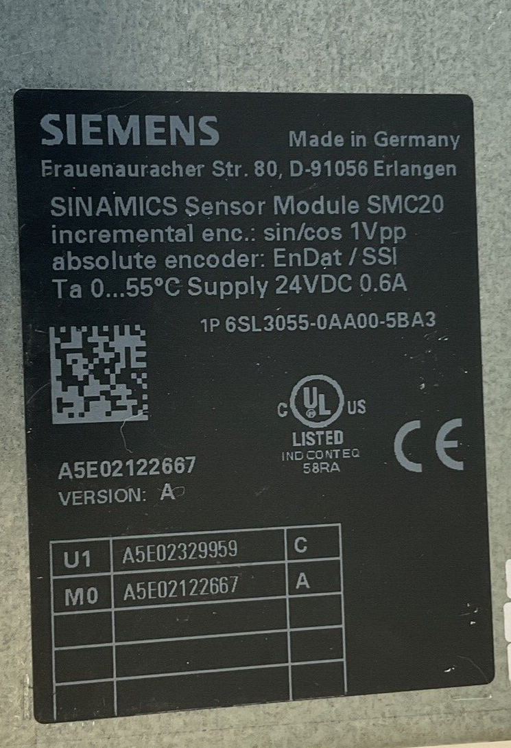 SIEMENS 6SL3055-0AA00-5BA3 SENSOR MODULE SMC20 24VDC 0.6A VER.A
