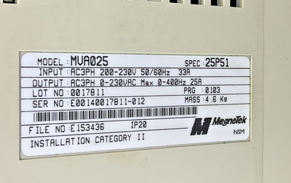 MAGNATEK MVA025 VARIABLE SPEED DRIVE 230V 33A 400HZ 3PH