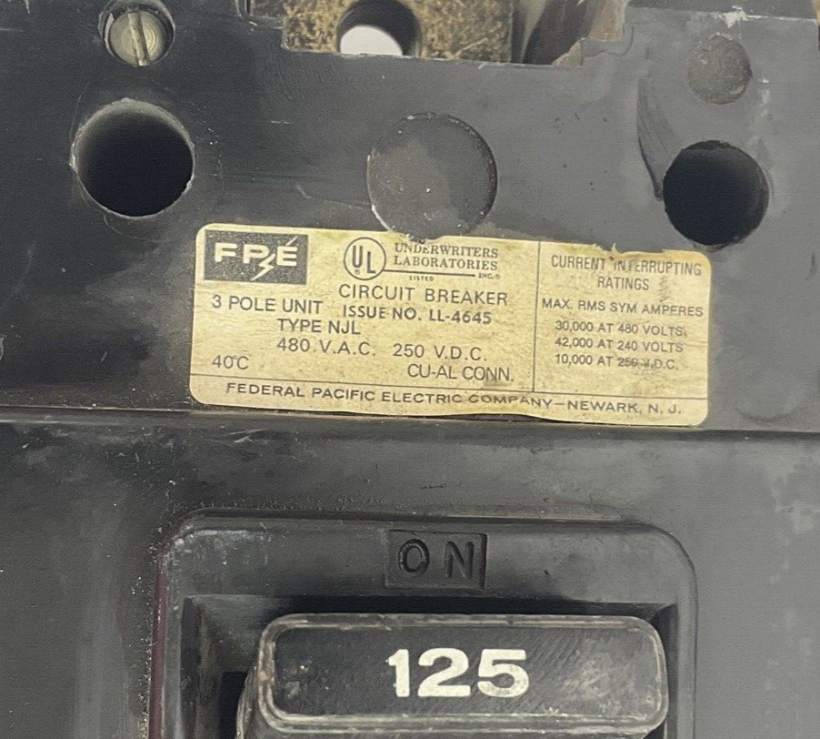 FEDERAL PACIFIC NJL 125A CIRCUIT BREAKER 480VAC 250VDC