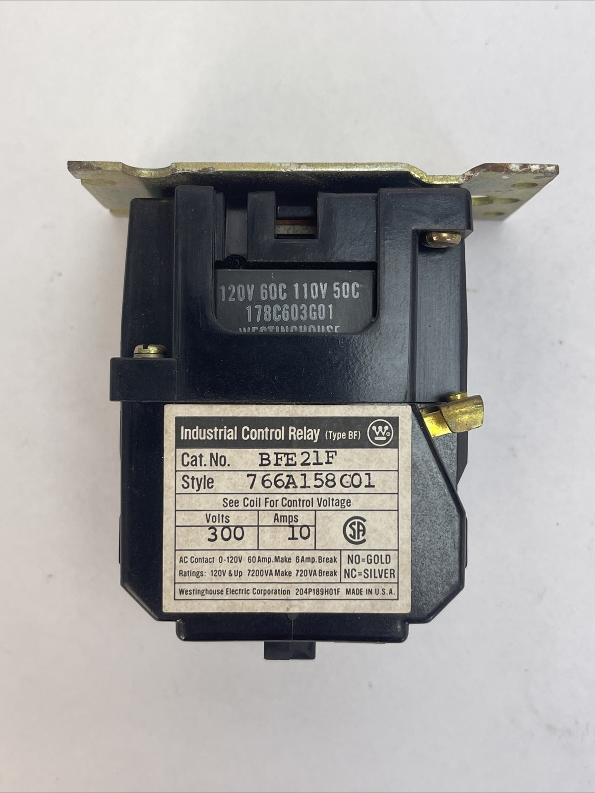 WESTINGHOUSE BFE21F INDUSTRIAL CONTROL RELAY 300V 10AMP 766A158G01 COIL 120V 60C