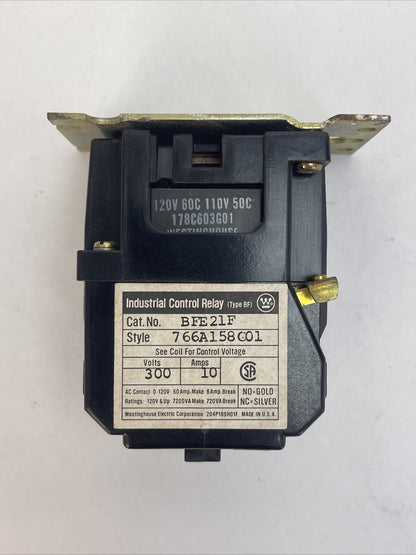 WESTINGHOUSE BFE21F INDUSTRIAL CONTROL RELAY 300V 10AMP 766A158G01 COIL 120V 60C