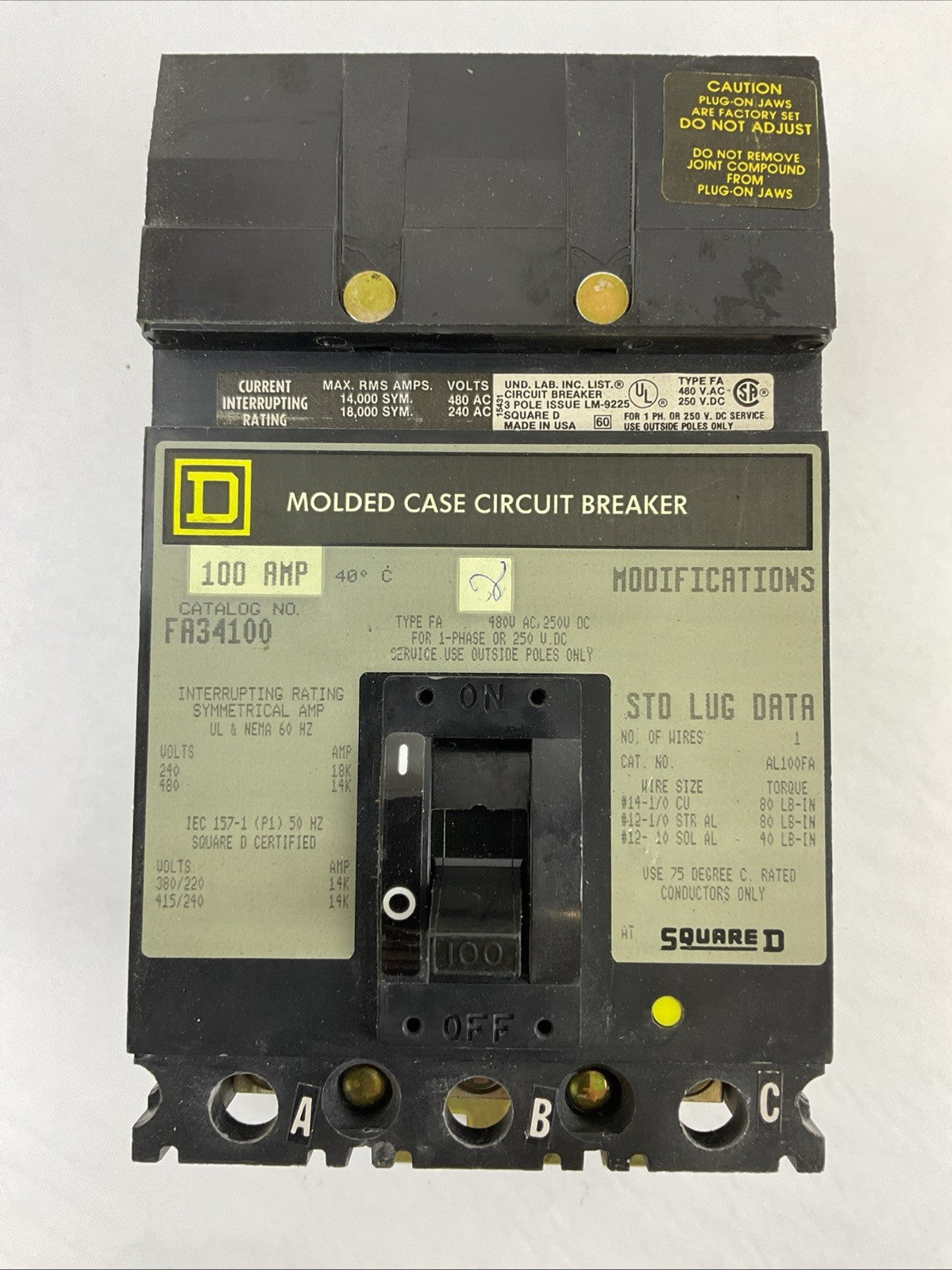 SQUARE D FA34100 CIRCUIT BREAKER 100AMP 480VAC 250VDC 3POLE