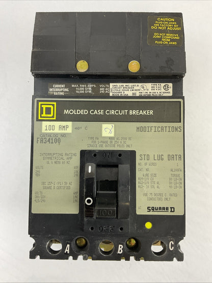 SQUARE D FA34100 CIRCUIT BREAKER 100AMP 480VAC 250VDC 3POLE