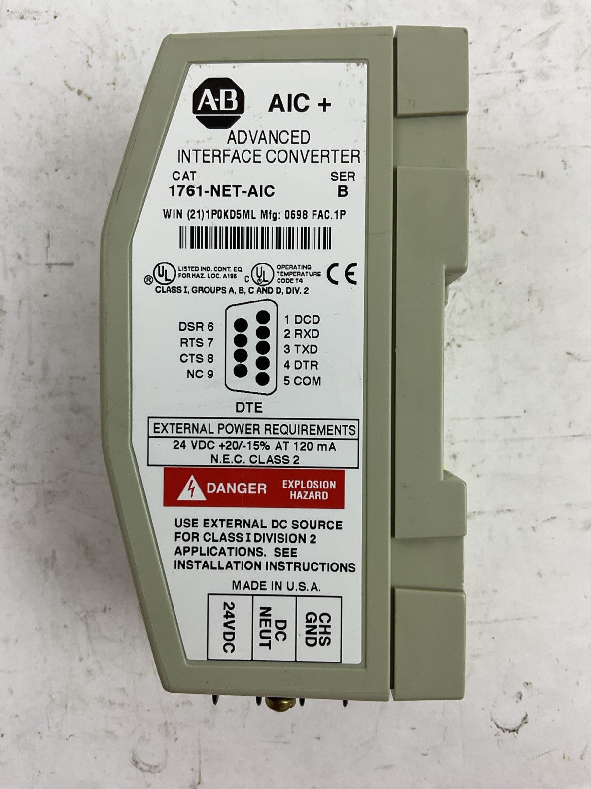 ALLEN BRADLEY 1761-NET-AIC SER B ADVANCED INTERFACE CONVERTER 24VDC