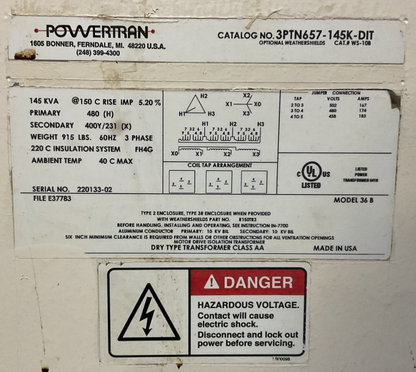 POWERTRAN 3PTN657-145K-DIT TRANSFORMER 145KVA PRIMARY 480 SECONDARY 400Y/231 3PH