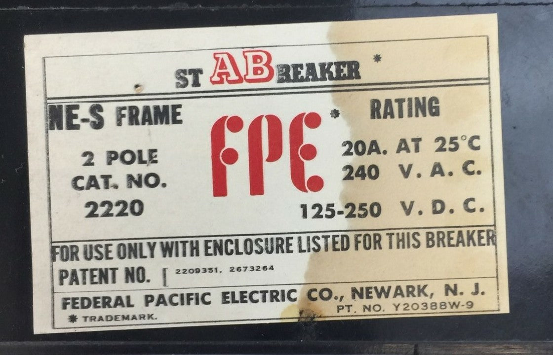FPE 2220 CIRCUIT BREAKER NE-S FRAME 2POLE 20A 240VAC 125-250VDC FEDERAL PACIFIC