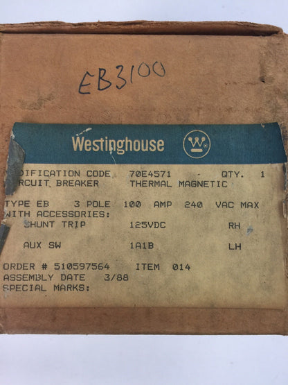 WESTINGHOUSE EB3100 CIRCUIT BREAKER 100AMP 3POLE 240VAC 2609D39G24 4979D06G03