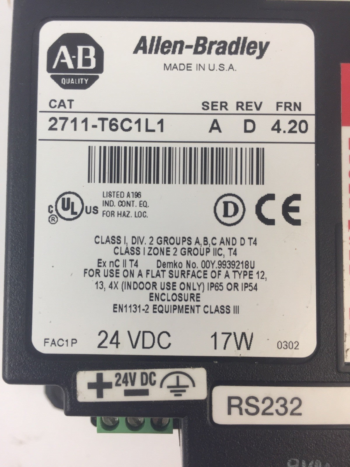 ALLEN BRADLEY 2711-T6C1L1 PANEL VIEW 600 TOUCHSCREEN  SER A REV D FRN 4.20 24VDC