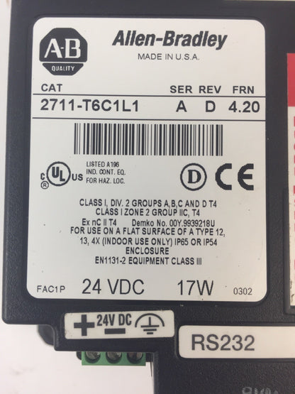 ALLEN BRADLEY 2711-T6C1L1 PANEL VIEW 600 TOUCHSCREEN  SER A REV D FRN 4.20 24VDC