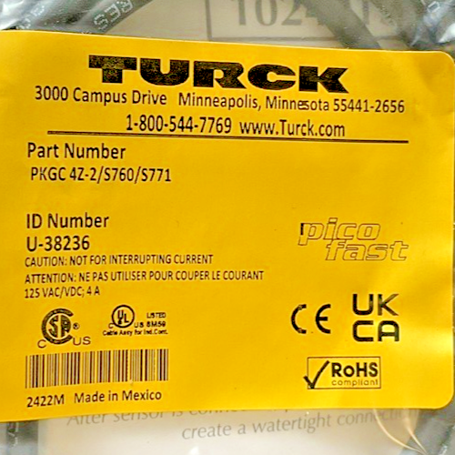 TURCK PKGC 4Z-2/S760/S771 CABLE/CORDSET 125VAC/VDC 4A ***LOTOF2***