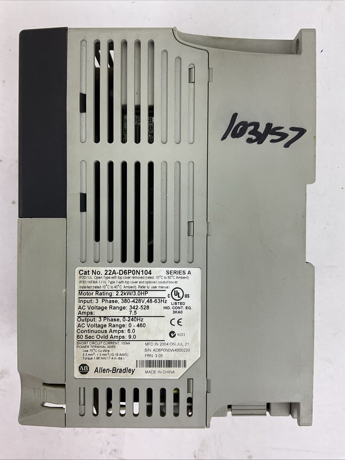 ALLEN BRADLEY 22A-D6P0N104 SER A FRN 3.05 POWER FLEX 4 AC DRIVE 2.2kW/3.0HP