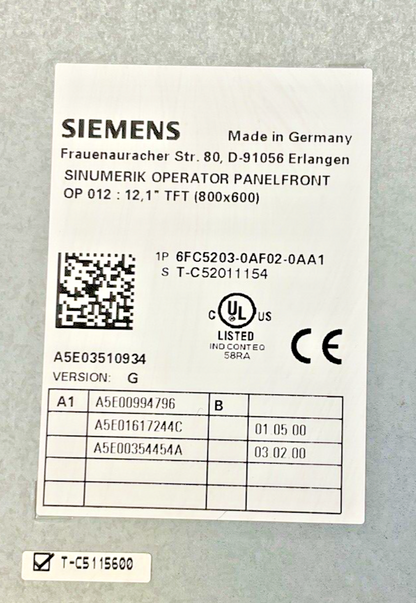 SIEMENS 6FC5203-0AF02-0AA1 OPERATOR PANEL VER.G