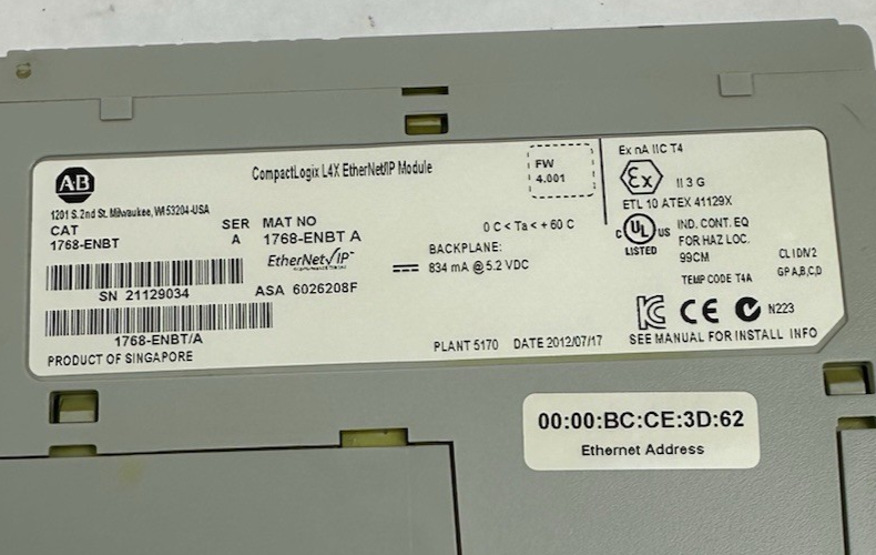 ALLEN BRADLEY 1768-ENBT /A COMPACTLOGIX L4X ETHERNET/IP MODULE FW 4.001