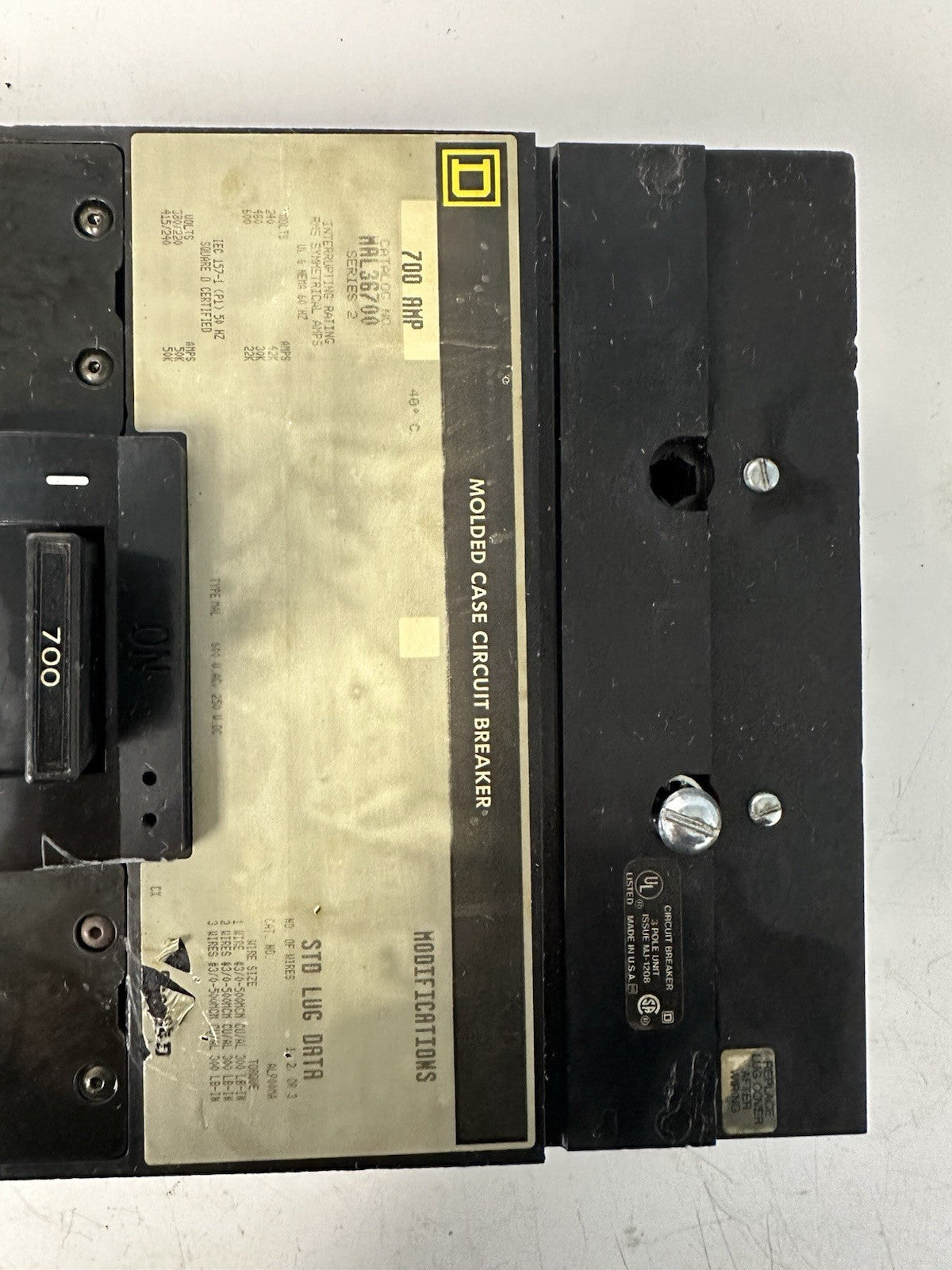 SQUARE D MAL36700 SERIES 2 700 AMP 3P 600 VAC MOLDED CASE CIRCUIT BREAKER