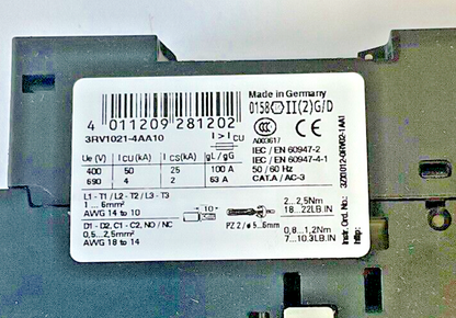 SIEMENS 3RV1021-4AA10 MOTOR CONTROL 208A 600V