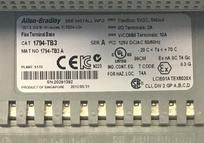 ALLEN BRADLEY 1794-IB16 SER.A REV.A01 NO F/W INPUT MODULE 1794-TB3 SER.A BASE