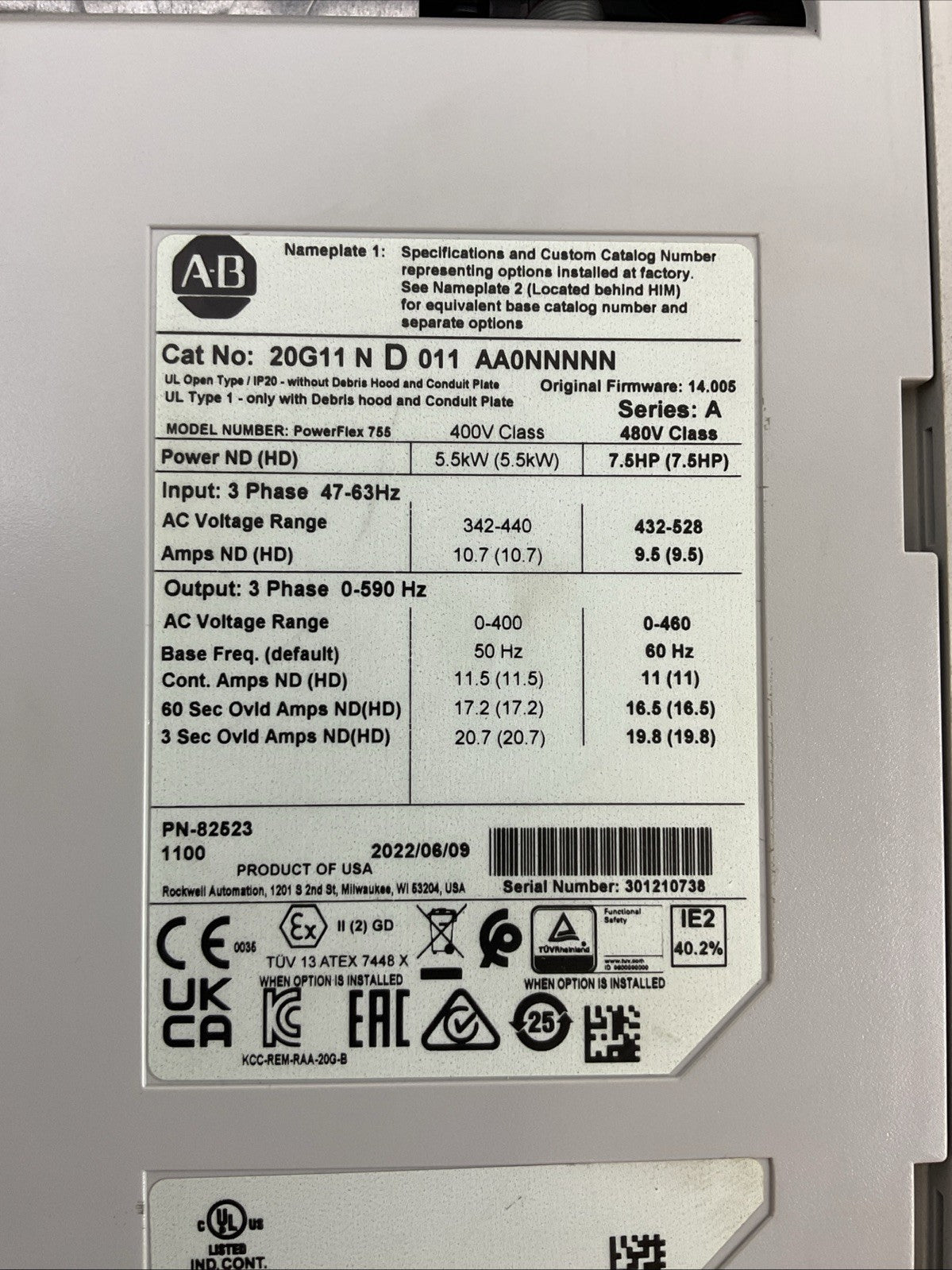 ALLEN BRADLEY 20G11 N D 011 AA0NNNNN SER A FIRMWARE 14.005 AC DRIVE 7.5HP