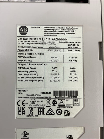 ALLEN BRADLEY 20G11 N D 011 AA0NNNNN SER A FIRMWARE 14.005 AC DRIVE 7.5HP