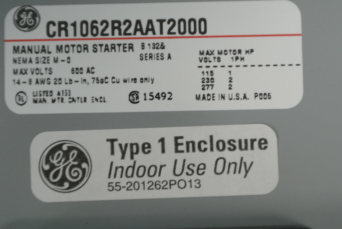 GENERAL ELECTRIC CR1062R2AAT2000 MANUAL MOTOR STARTER, 2-POLE / NEW SURPLUS