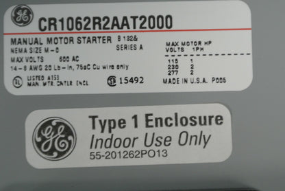 GENERAL ELECTRIC CR1062R2AAT2000 MANUAL MOTOR STARTER, 2-POLE / NEW SURPLUS