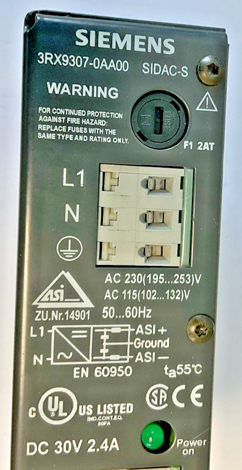 SIEMENS 3RX9307-0AA00 POWER SUPPLY SIDAC-S 2.4A 30VDC 50-60HZ