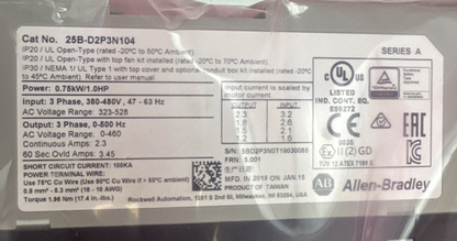 ALLEN-BRADLEY 25B-D2P3N104 AC DRIVE SER.A 528V FRN:5.001 0.75KW 1HP 2.3A