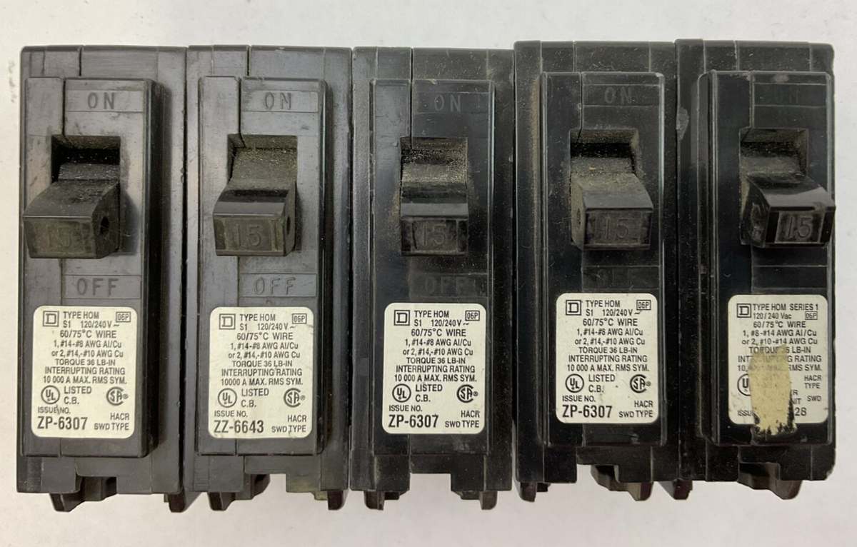 SQUARE D HOM115 CIRCUIT BREAKER 1POLE 15AMP 120/240VAC SERIES 1 (LOT OF 5)