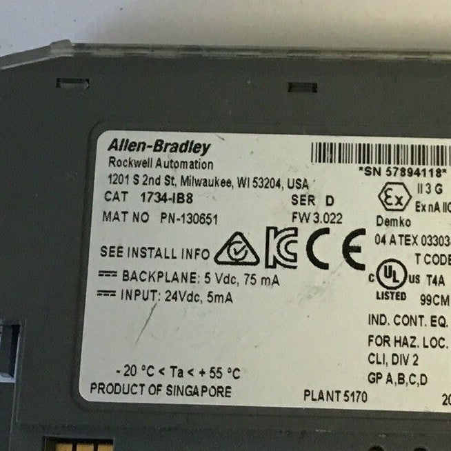 ALLEN BRADLEY 1734-IB8 SINK INPUT 24VDC SER.D FW 3.022